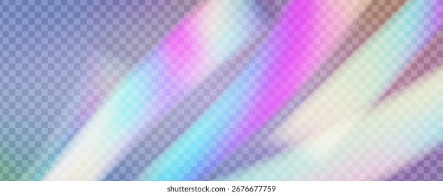 Fondo de prisma iridiscente. Efecto de fuga de luz de arco iris.  Filtrar De Cámara Con Superposición Holográfica, Textura Desenfocada Y Haz De Fantasía. Fondo De Prisma De Cristal Iridiscente Con Luz.