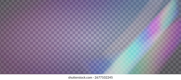Fondo de prisma iridiscente. Efecto de fuga de luz de arco iris.  Rayo De Brillo Y Gradiente De Diamante Con Superposición De Resplandor En Película Transparente. Fondo De Prisma De Cristal Iridiscente Con Luz.