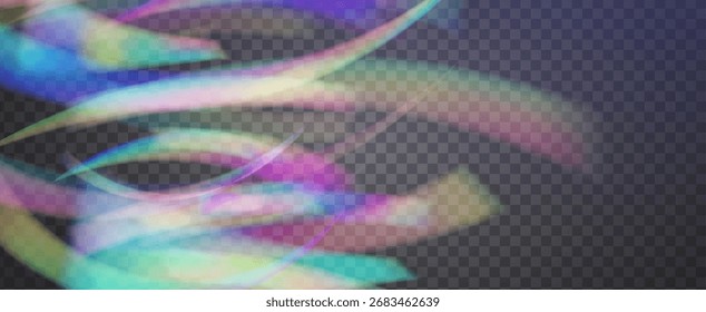 Fondo de prisma iridiscente. Efecto de fuga de luz de arco iris.  Brilla A Través De Un Filtrar De Rayas De Neón Y Brillo En Los Colores Aurora. Fondo De Prisma De Cristal Iridiscente Con Luz.