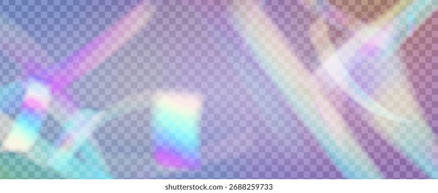 Fondo de prisma iridiscente. Efecto de fuga de luz de arco iris.  Amanece A Través De Una Lente De Vidrio Con Rayas De Bokeh Y Llamarada De Holograma. Fondo De Prisma De Cristal Iridiscente Con Luz.