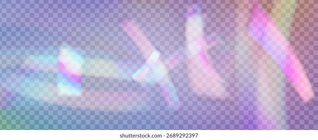Fondo de prisma iridiscente. Efecto de fuga de luz de arco iris.  Las Rayas De La Lente En Una Superposición Holográfica Con Resplandor Abstractas Y Luz Solar. Fondo De Prisma De Cristal Iridiscente Con Luz.