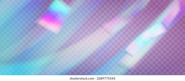 Fondo de prisma iridiscente. Efecto de fuga de luz de arco iris.  Amanece A Través De Una Lente De Vidrio Con Rayas De Bokeh Y Llamarada De Holograma. Fondo De Prisma De Cristal Iridiscente Con Luz.