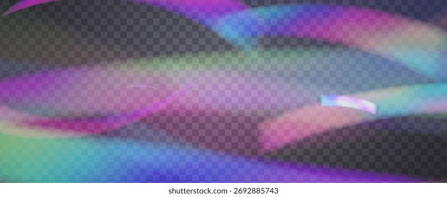 Irisierender Prismenhintergrund. Leckage-Effekt bei Regenbogenlicht.  Vektor-Burst mit einem Sonnenlichtfilter, Blur-Effekt und einem glühenden Kamerastrahl. Irisierender kristalliner Prismenhintergrund mit Licht.