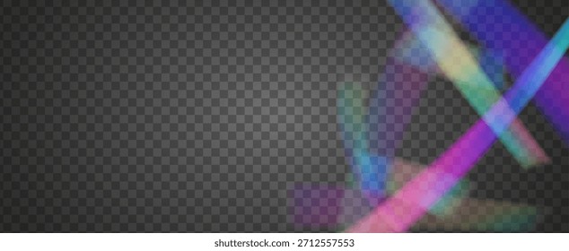 Fondo de prisma iridiscente. Efecto de fuga de luz de arco iris.  El Vector Estalló Con Un Filtrar De Luz Solar, Un Efecto De Desenfoque Y Un Haz De Cámara Brillante. Fondo De Prisma De Cristal Iridiscente Con Luz.