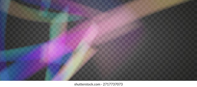 Fondo de prisma iridiscente. Efecto de fuga de luz de arco iris.  Rayo De Brillo Y Gradiente De Diamante Con Superposición De Resplandor En Película Transparente. Fondo De Prisma De Cristal Iridiscente Con Luz.