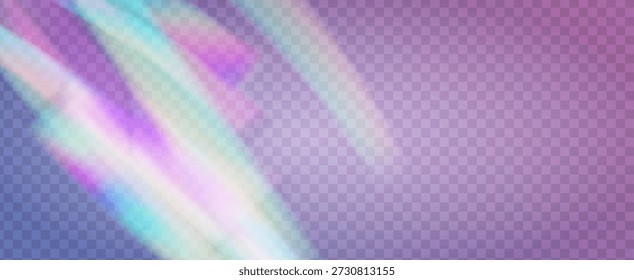 Irisierender Prismenhintergrund. Leckage-Effekt bei Regenbogenlicht.  Abstrakte Diamanttextur mit transparentem Glanz und holografischer Linsenfackel. Irisierender kristalliner Prismenhintergrund mit Licht.