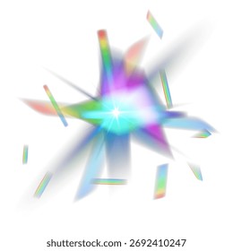 Efecto de luz de prisma iridiscente con fugas de refracción coloridas y destellos de cristal. Superposición de fondo transparente de Vector para efectos visuales holográficos, de vidrio o de diamante.