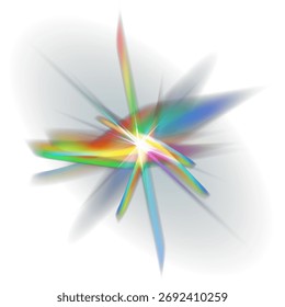Iridescent prism light effect with colorful refraction leaks and crystal flare. Vector transparent background overlay for holographic, glass, or diamond visual effects.