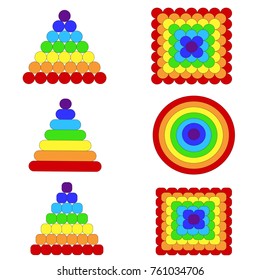 Iridescent pyramid of balls, rings, cubes - side view and top.
