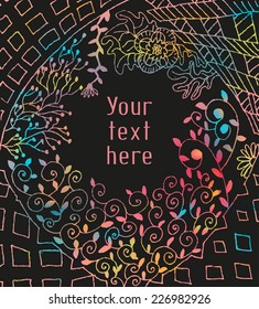 Iridescent rainbow colorful abstract doodle background with floral and geometric patterns. Place for your text