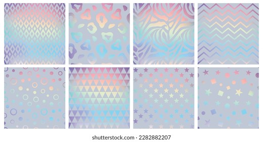 Iridescent rainbow holograms, metal background. Glitter foil gradient, sparkle silver color for unicorn paper. Decor textile, wrapping paper, wallpaper. Print for fabric. Vector neon design