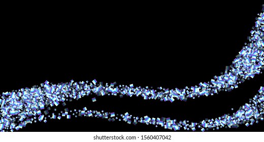 Iridescent rectangle, shiny confetti. Rainbow Scattered little sparkling, glitter sequin. Random falling paillettes, spangle, square elements black background. New Year Christmas Vector illustration.