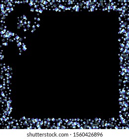 Iridescent rectangle, shiny confetti. Rainbow Scattered little sparkling, glitter sequin. Random falling paillettes, spangle, square elements black background. New Year Christmas Vector illustration.