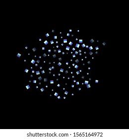 Iridescent rectangle, shiny confetti. Rainbow Scattered little sparkling, glitter sequin. Random falling paillettes, spangle, square elements black background. New Year Christmas Vector illustration.