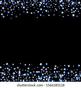 Iridescent rectangle, shiny confetti. Rainbow Scattered little sparkling, glitter sequin. Random falling paillettes, spangle, square elements black background. New Year Christmas Vector illustration.