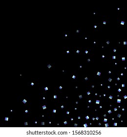 Iridescent rectangle, shiny confetti. Rainbow Scattered little sparkling, glitter sequin. Random falling paillettes, spangle, square elements black background. New Year Christmas Vector illustration.