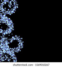 Iridescent rectangle, shiny confetti. Rainbow Scattered little sparkling, glitter sequin. Random falling paillettes, spangle, square elements black background. New Year Christmas Vector illustration.