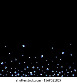 Iridescent rectangle, shiny confetti. Rainbow Scattered little sparkling, glitter sequin. Random falling paillettes, spangle, square elements black background. New Year Christmas Vector illustration.