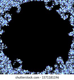Iridescent rectangle, shiny confetti. Rainbow Scattered little sparkling, glitter sequin. Random falling paillettes, spangle, square elements black background. New Year Christmas Vector illustration.