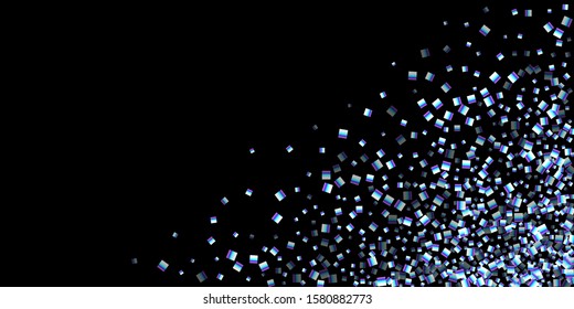 Iridescent rectangle, shiny confetti. Rainbow Scattered little sparkling, glitter sequin. Random falling paillettes, spangle, square elements black background. New Year Christmas Vector illustration.