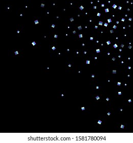 Iridescent rectangle, shiny confetti. Rainbow Scattered little sparkling, glitter sequin. Random falling paillettes, spangle, square elements black background. New Year Christmas Vector illustration.