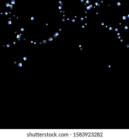 Iridescent rectangle, shiny confetti. Rainbow Scattered little sparkling, glitter sequin. Random falling paillettes, spangle, square elements black background. New Year Christmas Vector illustration.