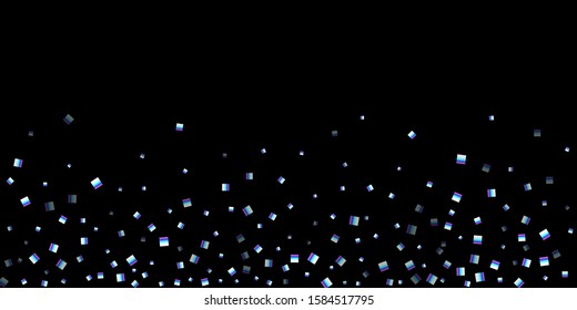 Iridescent rectangle, shiny confetti. Rainbow Scattered little sparkling, glitter sequin. Random falling paillettes, spangle, square elements black background. New Year Christmas Vector illustration.