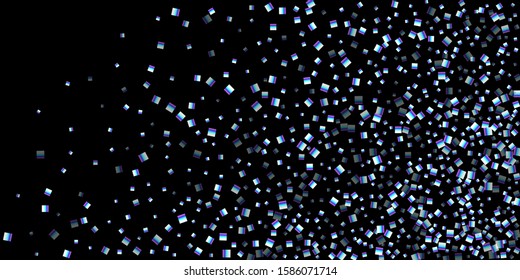 Iridescent rectangle, shiny confetti. Rainbow Scattered little sparkling, glitter sequin. Random falling paillettes, spangle, square elements black background. New Year Christmas Vector illustration.