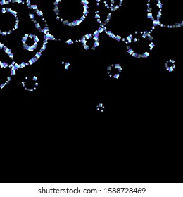 Iridescent rectangle, shiny confetti. Rainbow Scattered little sparkling, glitter sequin. Random falling paillettes, spangle, square elements black background. New Year Christmas Vector illustration.