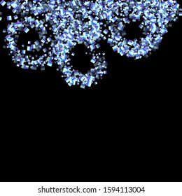 Iridescent rectangle, shiny confetti. Rainbow Scattered little sparkling, glitter sequin. Random falling paillettes, spangle, square elements black background. New Year Christmas Vector illustration.