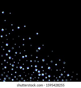 Iridescent rectangle, shiny confetti. Rainbow Scattered little sparkling, glitter sequin. Random falling paillettes, spangle, square elements black background. New Year Christmas Vector illustration.