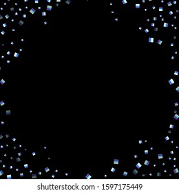 Iridescent rectangle, shiny confetti. Rainbow Scattered little sparkling, glitter sequin. Random falling paillettes, spangle, square elements black background. New Year Christmas Vector illustration.