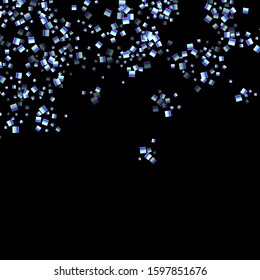 Iridescent rectangle, shiny confetti. Rainbow Scattered little sparkling, glitter sequin. Random falling paillettes, spangle, square elements black background. New Year Christmas Vector illustration.