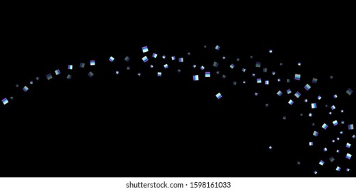 Iridescent rectangle, shiny confetti. Rainbow Scattered little sparkling, glitter sequin. Random falling paillettes, spangle, square elements black background. New Year Christmas Vector illustration.
