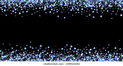Iridescent rectangle, shiny confetti. Rainbow Scattered little sparkling, glitter sequin. Random falling paillettes, spangle, square elements black background. New Year Christmas Vector illustration.