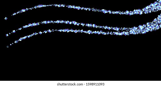 Iridescent rectangle, shiny confetti. Rainbow Scattered little sparkling, glitter sequin. Random falling paillettes, spangle, square elements black background. New Year Christmas Vector illustration.