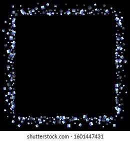 Iridescent rectangle, shiny confetti. Rainbow Scattered little sparkling, glitter sequin. Random falling paillettes, spangle, square elements black background. New Year Christmas Vector illustration.