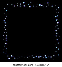 Iridescent rectangle, shiny confetti. Rainbow Scattered little sparkling, glitter sequin. Random falling paillettes, spangle, square elements black background. New Year Christmas Vector illustration.