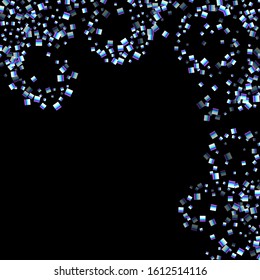 Iridescent rectangle, shiny confetti. Rainbow Scattered little sparkling, glitter sequin. Random falling paillettes, spangle, square elements black background. New Year Christmas Vector illustration.