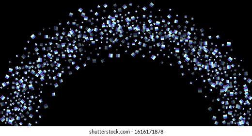 Iridescent rectangle, shiny confetti. Rainbow Scattered little sparkling, glitter sequin. Random falling paillettes, spangle, square elements black background. New Year Christmas Vector illustration.
