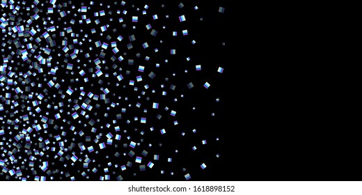 Iridescent rectangle, shiny confetti. Rainbow Scattered little sparkling, glitter sequin. Random falling paillettes, spangle, square elements black background. New Year Christmas Vector illustration.