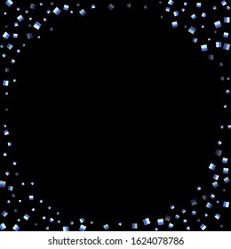 Iridescent rectangle, shiny confetti. Rainbow Scattered little sparkling, glitter sequin. Random falling paillettes, spangle, square elements black background. New Year Christmas Vector illustration.