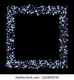 Iridescent rectangle, shiny confetti. Rainbow Scattered little sparkling, glitter sequin. Random falling paillettes, spangle, square elements black background. New Year Christmas Vector illustration.