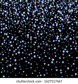 Iridescent rectangle, shiny confetti. Rainbow Scattered little sparkling, glitter sequin. Random falling paillettes, spangle, square elements black background. New Year Christmas Vector illustration.