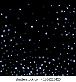 Iridescent rectangle, shiny confetti. Rainbow Scattered little sparkling, glitter sequin. Random falling paillettes, spangle, square elements black background. New Year Christmas Vector illustration.