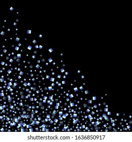 Iridescent rectangle, shiny confetti. Rainbow Scattered little sparkling, glitter sequin. Random falling paillettes, spangle, square elements black background. New Year Christmas Vector illustration.