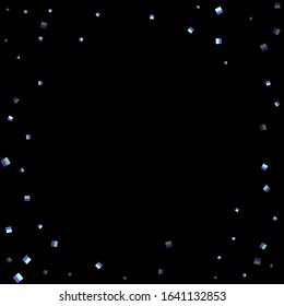 Iridescent rectangle, shiny confetti. Rainbow Scattered little sparkling, glitter sequin. Random falling paillettes, spangle, square elements black background. New Year Christmas Vector illustration.