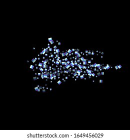 Iridescent rectangle, shiny confetti. Rainbow Scattered little sparkling, glitter sequin. Random falling paillettes, spangle, square elements black background. New Year Christmas Vector illustration.