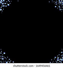 Iridescent rectangle, shiny confetti. Rainbow Scattered little sparkling, glitter sequin. Random falling paillettes, spangle, square elements black background. New Year Christmas Vector illustration.