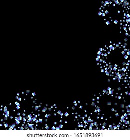 Unglaubliches Rechteck, glänzende Konfetti. Regenbogen Scatted kleine funkelnde, glittere Sequin. Zufällige fallende Pailletten, Speck, quadratische Elemente, schwarzer Hintergrund. Weihnachtsgeschenk-Vektorillustration zum Neujahr.